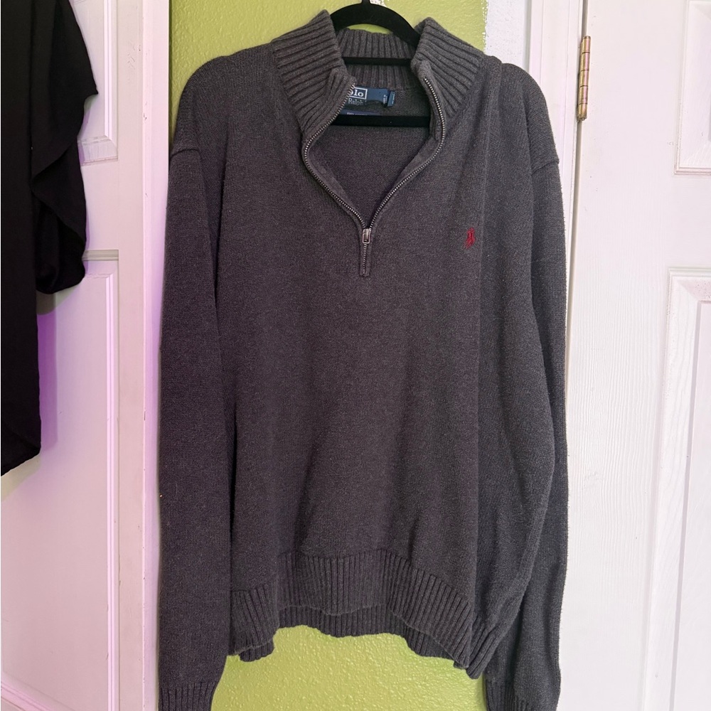 Ralph Lauren Charcoal Gray Half-Zip Sweater with Red Polo Logo